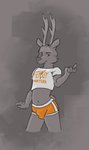 anthro antlers bottomwear bulge clothing hooters_uniform horn looking_at_viewer male pose shirt shorts simple_background smile smirk solo standing text text_on_clothing text_on_shirt text_on_topwear topwear boblios femboy_hooters hooters deer mammal absurd_res english_text hi_res