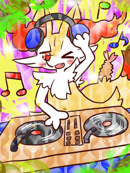 ambiguous_anthro ambiguous_gender anthro biped blush cute_fangs disc_jockey electronics fangs food front_view headphones musical_note musical_symbol object_in_tail one_eye_closed open_mouth open_smile shrimp_(food) smile snout solo standing symbol tail teeth vinyl_record annyui0611 nintendo pokemon braixen canid generation_6_pokemon mammal pokemon_(species) 2022 digital_drawing_(artwork) digital_media_(artwork) half-length_portrait hi_res japanese_description portrait translated_description