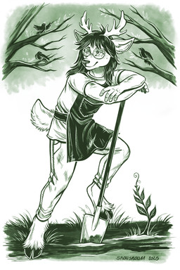 anthro antlers bottomwear clothing duo ears_flat eyewear feral garden gardener gardening gardening_tool glasses grass holidays hooves horn leaning_on_object leaning_on_shovel male outside pants plant shirt shovel smile standing tools topwear tree tree_bark wearing_glasses snowsnow11 halloween ambient_bird deer mammal green_and_white hi_res monochrome