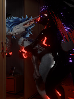 angry anthro bedroom_sex bioluminescence bound chain chained clenched_teeth duo feathers female forced genitals glowing glowing_genitalia glowing_penis herm intersex intersex/female mirror penis picture_frame rape reflection reflective_body sex smug_grin teeth wings kyuvulpes gabriel_serealia kyu_vulpes enfield rexouium 3:4 3d_(artwork) absurd_res digital_media_(artwork) hi_res
