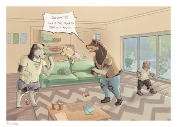 angry feral group group_transformation male mid_transformation punch shocked size_transformation species_transformation standing text transformation transformation_by_substance yelling mulveyyy canid canine human mammal english_text hi_res