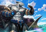 anthro armor belt clothing cloud gills glaive gloves handwear jewelry male melee_weapon muscular muscular_anthro muscular_male necklace nipples outside polearm sea sky solo water weapon nviek5 fish marine shark