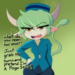 annoyed bangs blue_clothing bodily_fluids bottomwear bovine_ears breasts bubble clothing drunk drunk_bubble exclamation_point eye_through_hair fangs female green_background green_hair hair half-closed_eyes hand_on_hip hat headgear headwear horn narrowed_eyes noseless orange_eyes pants question_mark shirt short_hair simple_background small_breasts small_waist solo substance_intoxication suggestive_dialogue sweat sweatdrop tail talking_to_another talking_to_viewer teeth text topwear translucent translucent_hair uniform wide_hips shorty-stories disney star_vs._the_forces_of_evil ransomgram_monster_(svtfoe) animal_humanoid bovid bovid_humanoid bovine bovine_humanoid horned_humanoid humanoid imp mammal mammal_humanoid monster tailed_humanoid 1:1 english_text shaded
