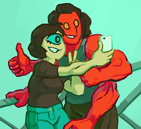1_eye blue_eyes cellphone clothed clothing duo electronics female gesture hair hand_gesture multi_arm multi_limb muscular muscular_female not_furry orange_eyes phone selfie simple_background smile teeth thumbs_up unknown_artist enemy_quest tgchan grightogot_grzgkahk polyphema alien cyclops garakton humanoid mammal oculot