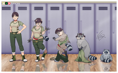 belt black_hair black_nose blue_eyes border bottomwear butt clothing deviantart_logo female feral fur grey_body grey_fur growth hair human_to_feral locker locker_room looking_at_viewer markings mid_transformation pants patreon_logo ring_(marking) ringed_tail shrinking sitting size_transformation solo species_transformation striped_markings striped_tail stripes tail tail_growth tail_markings transformation transformation_sequence underwear website_logo white_border ed-fokk3r capcom deviantart patreon resident_evil rebecca_chambers human mammal procyonid raccoon 2022 hi_res sequence