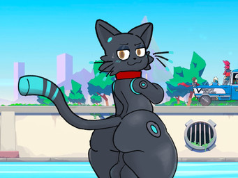 anthro backsack balls big_butt black_body blue_body blush butt collar collar_only duo genitals glowing male nude nude_anthro nude_male tail thick_thighs whiskers katarty8 hi-fi_rush microsoft tango_gameworks 808_(hi-fi_rush) domestic_cat felid feline felis mammal 4:3 hi_res