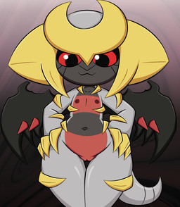 anthro biped black_sclera claws female flat_chested front_view genitals grey_body hand_on_hip looking_down mouth_closed nipples nude pupils red_eyes solo standing tail vulva wide_hips wings zinzoa nintendo pokemon altered_forme_giratina generation_4_pokemon giratina legendary_pokemon pokemon_(species) 2026 absurd_res hi_res