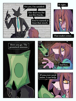 anthro clothed clothing dialogue female fur hair homeless male money speech_bubble text topwear ponporio homeless_dog the_suit_(ponporio) canid canine canis domestic_dog mammal 3:4 absurd_res comic digital_media_(artwork) english_text hi_res