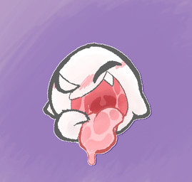 ahegao ambiguous_gender blush fangs looking_at_viewer looking_pleasured one_eye_closed open_mouth open_smile pink_tongue purple_background simple_background smile solo teeth tongue white_body qwishiflavor mario_bros nintendo boo_(mario) ghost spirit 2025