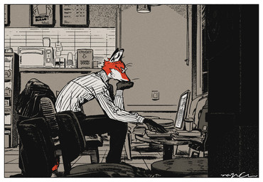anthro black_body black_fur border clothed clothing coffee_shop collared_shirt computer electronics eyewear fur glasses kemono laptop looking_at_viewer male pointy_ears red_body red_fur shirt sitting slim slim_anthro slim_male solo topwear white_body white_border white_fur nagabe canid canine fox mammal 2024 signature