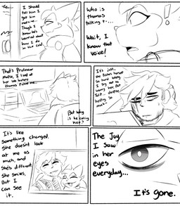 anthro beard bodily_fluids computer dialogue door duo electronics exclamation_point facial_hair facial_scar female male picture_frame scar surprised sweat sweatdrop talking_to_another tired_eyes spicykiwi nintendo pokemon thomas_(spicykiwi) tulip_(spicykiwi) floragato generation_9_pokemon human mammal pokemon_(species) absurd_res comic hi_res monochrome story