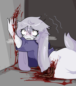 anthro blood blood_from_wound bodily_fluids bottomless clothed clothing crying dying eyewear female glasses gore guts hair on_ground organs shirt shirt_only solo tears topwear topwear_only wounded gorebunny lagomorph leporid mammal rabbit hi_res