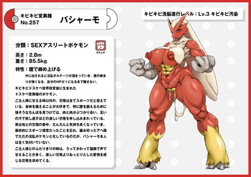 anthro big_breasts border breasts claws feet female female_anthro genitals hair huge_breasts muscular muscular_female nipples pokedex pokedex_entry pokedex_number purple_eyes red_body red_border red_breasts red_nipples red_skin simple_background talons text toes vulva white_background white_hair yellow_body yellow_skin nikunigushii nintendo pokemon blaziken generation_3_pokemon pokemon_(species) absurd_res hi_res japanese_text translation_request