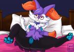 animal_genitalia animal_pussy anthro bed canine_genitalia canine_pussy collar eyewear female furniture genitals glasses lying presenting pussy solo meirune nintendo pokemon braixen generation_6_pokemon pokemon_(species) shiny_pokemon hi_res