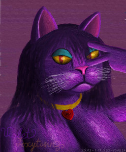 anthro clothed clothing eyeshadow female gold_(metal) gold_jewelry gold_necklace hair heart_jewelry heart_pendant jewelry makeup necklace pupils purple_body purple_hair red_pupils simple_background slit_pupils solo topless whiskers yellow_eyes violet_foxytosin alexis_wasilla_(alexis_wasilla) domestic_cat felid feline felis mammal 2026 dated digital_media_(artwork) hi_res krita_(artwork) portrait signature trans_(lore) trans_woman_(lore)