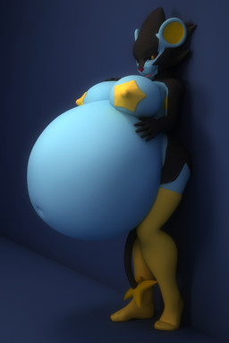anthro anthrofied belly big_belly big_breasts breasts clothing female hair huge_belly hyper hyper_belly hyper_pregnancy leggings legwear navel nipples pasties pokemorph pregnant pregnant_anthro pregnant_female simple_background smile solo anthroanim nintendo pokemon fan_character shizuma_luxray generation_4_pokemon luxray pokemon_(species) 2017 2:3 3d_(artwork) absurd_res digital_media_(artwork) hi_res