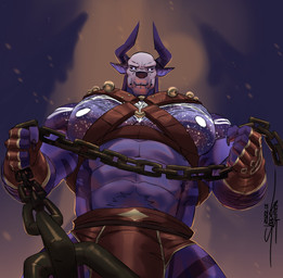 anthro big_muscles big_pecs chain dominant dominant_male horn huge_pecs looking_at_viewer male muscular muscular_male pecs solo shapeshifter_(artist) american_mythology indigenous_north_american_mythology mythology north_american_mythology bovid demon mammal wendigo absurd_res hi_res