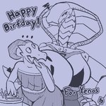 ambiguous_gender anthro big_breasts big_butt big_tail birthday breasts butt cake clothed clothing dessert duo female food non-mammal_breasts tail text thick_thighs wide_hips snapps savak kobold reptile scalie snake 1:1 english_text