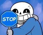 anterior_nasal_aperture bodily_fluids bone grin humor looking_at_viewer male not_furry sign skeleton skull smile solo stop_sign sweat text wackypigworm pbs sesame_street undertale undertale_(series) sans_(undertale) animated_skeleton humanoid undead 2015 english_text low_res meme reaction_image unavailable_at_source