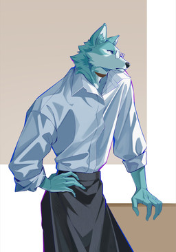 anthro apron arm_support biped black_apron black_bottomwear black_clothing black_nose black_pants blue_body blue_fur bottomwear cheek_tuft clothed clothing eyewear facial_tuft fur glasses inner_ear_fluff leaning leaning_on_object leaning_sideways long_sleeve_shirt long_sleeves male pants simple_background solo standing topwear tuft white_clothing white_topwear dxmdwq764027 brand_new_animal studio_trigger shirou_ogami canid canine canis mammal wolf absurd_res digital_media_(artwork) hi_res