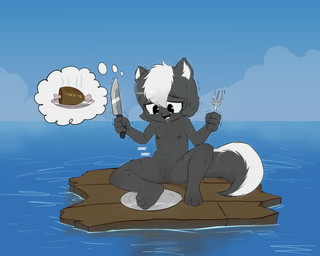 3_toes 4_fingers anthro bodily_fluids broken_smile cloud cute_fangs cutlery desperation drooling emaciated fangs feet female fingers flat_chested fluffy fluffy_tail food fork genitals hallucination imminent_amputation imminent_death imminent_pain innie_vulva kitchen_utensils knife loli meat messy_fur navel nipples nude open_mouth open_smile plate ribs rumbling_stomach ryona saliva sea shaking shipwreck sky smile snot soles solo starving suffering tail tears teeth thought_bubble thoughts toes too_dumb_to_live tools trembling vulva water wood young young_female e254e charlotte_(e254e) mammal mephitid skunk 5:4 absurd_res hi_res