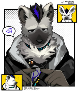 anthro clothing ear_piercing eyebrow_piercing facial_piercing fur grey_body grey_fur jacket looking_at_viewer looking_away male piercing shirt solo text topwear tuft apizbau arknights hypergryph studio_montagne spot_(arknights) hyena mammal spotted_hyena 2026 absurd_res english_text hi_res