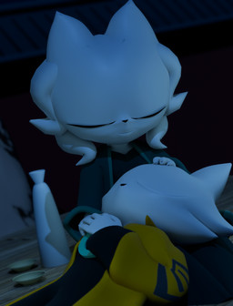anthro black_eyes bottle caressing clothed clothing container cuddling eyelashes eyes_closed female fur hair hand_holding hand_on_head head_on_lap headpat male night on_lap relaxing resting robe sitting smile white_body white_fur white_hair lorded nine_sols red_candle_games heng_(nine_sols) yi_(nine_sols) felid feline mammal solarian 3d_(artwork) digital_media_(artwork) hi_res brother_(lore) brother_and_sister_(lore) sibling_(lore) sister_(lore)