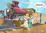 anthro black_nose blonde_hair bottomless bound brown_body brown_fur clothed clothing dress duo female fur hair locomotive long_hair male male/female open_clothing open_shirt open_topwear pink_nose shirt steam_locomotive tail tan_body tan_fur text topwear train vehicle chris_fischer chip_'n_dale_rescue_rangers disney chip_(disney) gadget_hackwrench chipmunk ground_squirrel mammal mouse murid murine rodent sciurid 2005 english_text hi_res