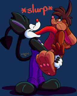 2_toes 3_toes 4_fingers anthro big_feet big_grin big_tongue body_lick cartoon_gloves clothing duo face_lick feet fingers licking long_tongue male male/male open_mouth overalls pawpads puffed_cheeks red_tongue soles tail thick_tongue toes tongue toony whiskers wide_tongue marquis2007 herman_(marquis2007) roderick_(tamerkoh) imp lagomorph leporid mammal rabbit absurd_res alpha_channel hi_res
