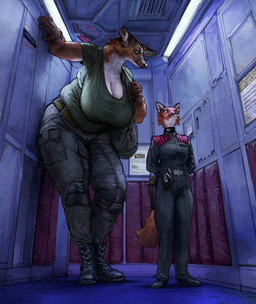 air_vent anthro bag belly belt big_breasts boots bottomwear breasts buckle cleavage clock clothed clothing combat_boots duffel_bag duo ears_up elevator female footwear front_view fully_clothed fur green_clothing green_shirt green_topwear grey_bottomwear grey_clothing grey_pants grey_uniform hand_on_wall hands_behind_back hanging_breasts holding_bag holster huge_breasts inside larger_female looking_at_another low-angle_view macro orange_body orange_fur pants science_fiction shirt shoes size_difference slightly_chubby slightly_chubby_anthro slightly_chubby_female standing standing_at_attention tail tall_female text topwear uniform watch white_belly wristwatch cettus lien_van_broek canid canine fox mammal maned_wolf 2026 absurd_res english_text hi_res