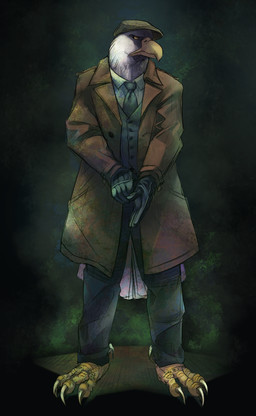 anthro clothing feet gloves handwear hat headgear headwear leather leather_clothing leather_gloves leather_handwear male solo standing suit talons toes asterionblazing icono accipitrid accipitriform avian bald_eagle bird eagle sea_eagle hi_res