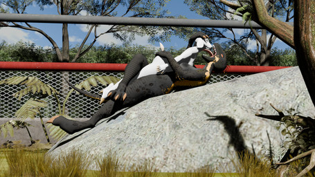 anthro breasts claws duo enclosure female female/female gaping_mouth hand_on_butt hand_on_head hug imminent_vore leg_wrap licking non-mammal_breasts open_mouth raised_tail rock sharp_teeth tail teeth toe_claws tongue jackfishproductions warfaremachine_(modeler) jurassic_park jurassic_world universal_studios indoraptor_(furromantic) warfare_goat bovid caprine dinosaur goat indoraptor mammal prehistoric_species reptile saurischian scalie theropod 16:9 3d_(artwork) blender_(artwork) digital_media_(artwork) hi_res widescreen