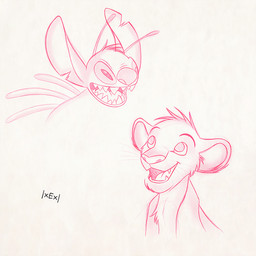 antennae_(anatomy) back_spines chest_tuft duo head_tuft male narrowed_eyes notched_ear open_mouth open_smile simple_background smile squint tuft white_background eduardo_garcia disney lilo_and_stitch the_lion_king simba_(the_lion_king) stitch_(lilo_and_stitch) alien experiment_(lilo_and_stitch) felid lion mammal pantherine 1:1 2015 monochrome red_and_white sketch