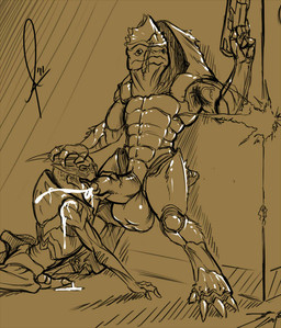 4_balls anthro balls big_balls big_penis bodily_fluids claws cum duo erection fellatio foreskin genital_fluids genitals gun handgun humanoid_genitalia humanoid_penis licking male male/male male_penetrated male_penetrating male_penetrating_male multi_balls multi_genitalia muscular muscular_male oral penetration penile penis penis_lick pistol ranged_weapon scar sex tongue tongue_out vein weapon agroalba bioware electronic_arts mass_effect garrus_vakarian urdnot_wrex alien krogan turian brown_theme digital_drawing_(artwork) digital_media_(artwork)