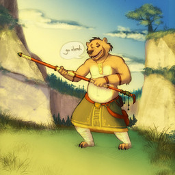 anthro beard belly brown_body brown_fur detailed_background facial_hair fur humanoid_hands male outside slightly_chubby solo text weapon de2w bear mammal 2015