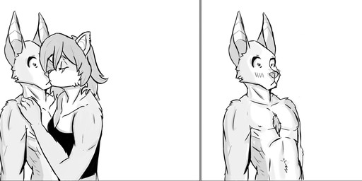 anthro black_text blush clothed clothing dialogue duo female kissing male muscular muscular_female muscular_male nervous partially_clothed stunned text walking capngoku canid canine felid feline mammal absurd_res character_request comic english_text greyscale hi_res monochrome
