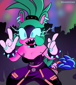 4_fingers anthro background_crowd blue_eyes blue_sclera bottomwear bracelet clothed clothing crowd devil_horns_(gesture) digit_ring duo ear_piercing ear_ring electricity electricity_from_eyes female finger_ring fingers gesture gloves glowing glowing_bracelet glowing_eyes glowing_jewelry glowing_necklace group hand_gesture handwear jewelry male necklace off_shoulder open_mouth open_smile oversized_bottomwear oversized_clothing oversized_pants pants piercing ring ring_piercing sharp_teeth smile spiked_bracelet spiked_necklace spikes teeth white_clothing white_gloves white_handwear quavernsfw family_guy_death_pose idw_publishing sega sonic_the_hedgehog_(comics) sonic_the_hedgehog_(idw) sonic_the_hedgehog_(series) sonic_the_hedgehog surge_the_tenrec afrosoricid eulipotyphlan hedgehog mammal tenrec absurd_res hi_res meme