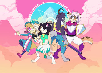 anthro antlers clothing cosplay fantasy female female/female group hat headgear headwear horn knight lesbian_pride_colors lgbt_pride magic_user paladin pride_colors warrior witch witch_hat drfoxweyman super_lesbian_animal_rpg canid canine felid feline fennec_fox fox hare jackalope lagomorph leopardus leporid mammal ocelot true_fox trans_(lore) trans_woman_(lore)