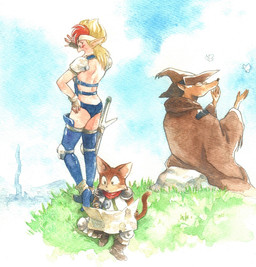 accessory anthro blonde_hair brown_body brown_fur butt clothed clothing compass day female fingerless_gloves fur gloves group hair hand_on_hip handwear hat headband headgear headwear holding_object male melee_weapon open_mouth outside red_hair sitting sword weapon ロコ｡翠彩 ozanari_dungeon buruman kiriman moka_(ozanari_dungeon) canid canine elf felid feline humanoid mammal 2012