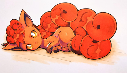 ambiguous_gender blush blush_lines eyelashes feral fur hair looking_at_viewer lying multi_tail on_ground on_side orange_body orange_eyes orange_fur orange_hair paws solo tail 025aki nintendo pokemon canid canine generation_1_pokemon mammal pokemon_(species) vulpix 2026 absurd_res hi_res