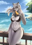 anthro beach bedroom_eyes big_breasts bikini black_bikini black_clothing black_swimwear breasts clothing day eating female food fur grey_body grey_fur holding_object leaning looking_at_viewer narrowed_eyes neck_tuft popsicle popsicle_in_mouth popsicle_melting seaside seductive solo swimwear tail tuft two-piece_swimsuit yellow_eyes missachan rayne_(antillion123) canid canine canis mammal wolf 2023 absurd_res digital_media_(artwork) hi_res signature