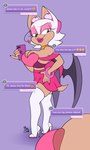 areola bottomwear breasts chat clothed clothing female legwear lips nipple_slip raised_bottomwear raised_clothing raised_skirt skirt solo text thigh_highs minxydoodle sega sonic_the_hedgehog_(series) villainous_(series) miss_heed rouge_the_bat bat mammal 3:5 english_text hi_res