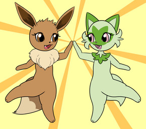 3_toes anthro biped black_nose brown_body brown_eyes brown_fur brown_tail cute_fangs dipstick_tail duo eye_contact eyelashes fangs featureless_hands featureless_limbs feet female female_anthro fur gesture green_body green_fur happy high_five looking_at_another markings neck_tuft open_mouth open_smile pattern_background pink_eyes pink_nose pink_tongue semi-anthro simple_background smile standing striped_background tail tail_markings tan_body tan_fur teeth toes tongue tuft pazymomo nintendo pokemon eevee generation_1_pokemon generation_9_pokemon pokemon_(species) sprigatito 2022 digital_drawing_(artwork) digital_media_(artwork) flat_colors hi_res