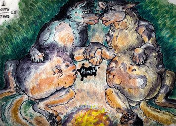 campfire drawing fatal_vore female feral group male male/female male/male nature neck_bulge night swallowing trio unwilling_prey vore anxiousboar african_wild_dog canid canine canis domestic_dog german_shepherd herding_dog mammal pastoral_dog wolf absurd_res comic hi_res traditional_media_(artwork)