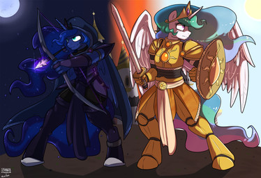 anthro anthrofied armor arrow_(weapon) blue_body blue_eyes blue_fur blue_hair bow_(weapon) clothing duo feathered_wings feathers female fur hair holding_melee_weapon holding_object holding_sword holding_weapon horn melee_weapon multicolored_hair purple_eyes ranged_weapon shield sword weapon white_body white_fur wings strangerdanger velexane friendship_is_magic hasbro my_little_pony mythology princess_celestia_(mlp) princess_luna_(mlp) equid equine mammal mythological_creature mythological_equine winged_unicorn 2015 absurd_res artist_collaboration hi_res sibling_(lore) sister_(lore) sisters_(lore)