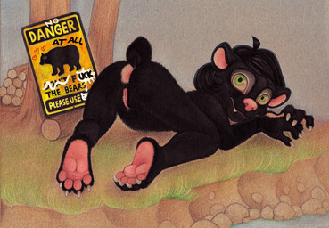 4_fingers 4_toes all_fours anthro anus ass_up black_body black_fur black_hair butt claws fangs feet female fingers fur genitals grass green_eyes hair log looking_at_viewer looking_back monotone_body monotone_fur nude on_ground outside pawpads pink_anus pink_nose pink_pawpads pink_vulva plant presenting presenting_anus presenting_hindquarters presenting_vulva rear_view sign soles solo tail teeth text toes vandalism vulva water wood young young_anthro fuchs bear black_bear mammal ursine english_text hi_res traditional_media_(artwork)