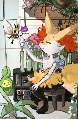 ambiguous_anthro ambiguous_gender anthro biped closed_smile detailed_background digitigrade duo_focus eyelashes eyes_closed flower flying front_view furniture group holding_flower holding_object inside mouth_closed object_in_tail open_mouth open_smile plant side_view sitting smile stick stick_in_tail stool tail trio 6moon_0 nintendo pokemon braixen budew canid elemental_creature flora_fauna generation_4_pokemon generation_6_pokemon generation_7_pokemon mammal pokemon_(species) ribombee 2026 digital_media_(artwork) digital_painting_(artwork) japanese_description painting_(artwork) translated_description