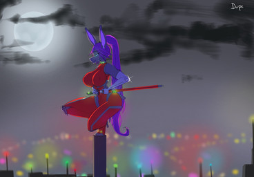 anthro big_breasts breasts city cityscape crouching cybernetic_arm cybernetic_limb cybernetics female hair huge_breasts machine melee_weapon moon ninja ponytail scabbard solo sword warrior weapon duplicatename taimanin_(series) zanthia_(duplicatename) bat mammal hi_res