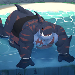 4_fingers all_fours anthro beach black_bottomwear black_clothing black_sclera black_shorts bottomwear brown_markings clothing dorsal_fin elbow_fin fangs fin fingers gills grey_body happy looking_at_water male markings notched_fin orange_eyes outside partially_submerged sea sharp_teeth shorts solo tail tail_fin teeth thick_tail water same22shark nelson_(same22shark) aquatic fish shark 1:1 2022 digital_media_(artwork) hi_res signature
