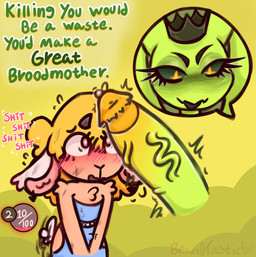 anthro big_penis blonde_hair blush blush_lines bodily_fluids cum dialogue duo eyelashes female fluffy fluffy_chest fluffy_ears fluffy_shoulders game_over gameplay_mechanics genital_fluids genitals gui hair health_bar heart_pupils heart_symbol horn imminent_rape imminent_sex leaking_cum looking_at_genitalia looking_at_penis looking_up male male/female penis profanity size_difference slime star_eyes sweat tail tail_motion tailwag text throbbing throbbing_penis vein veiny_penis bean0tastic atlyss beanie_(bean0tastic) slime_diva bovid caprine goo_creature mammal sheep english_text hi_res tagme